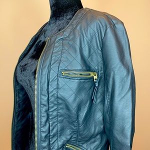 Express faded black leather jacket with gold zippers and diamond stitch detail.